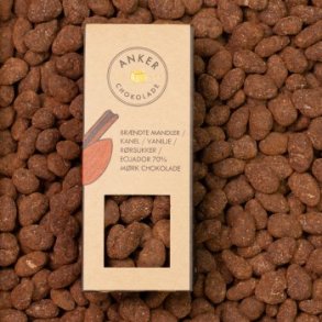 Anker Chokolade Br�ndte Mandler/ Kanel/ Vanilje/ R�rsukker/ Ecuador 70% M�rk Chokolade �KO